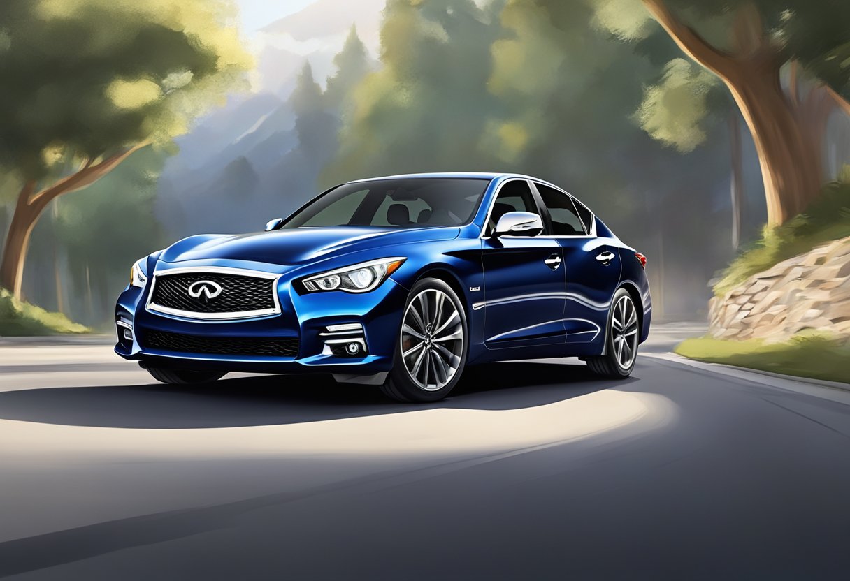 The Infiniti Q50 races down a winding road, its sleek body cutting through the air as it reaches top speed.

The sun glistens off the car's polished exterior, conveying a sense of power and speed
