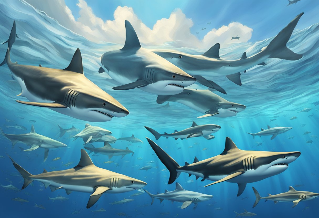 Sharks swim in the clear blue ocean, hunting for prey. Some are fierce carnivores, while others are gentle filter feeders, gliding gracefully through the water