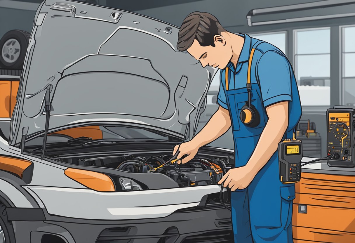 A mechanic examines a vehicle's MAP sensor with a multimeter and diagnostic tool on a workbench