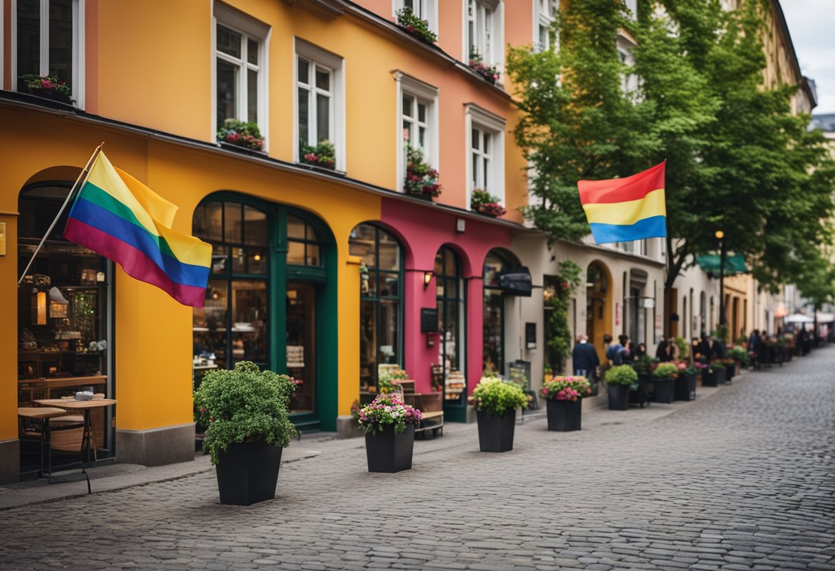 Colorful flags line the cobblestone streets of Berlin, while vibrant storefronts and lively cafes create a welcoming atmosphere