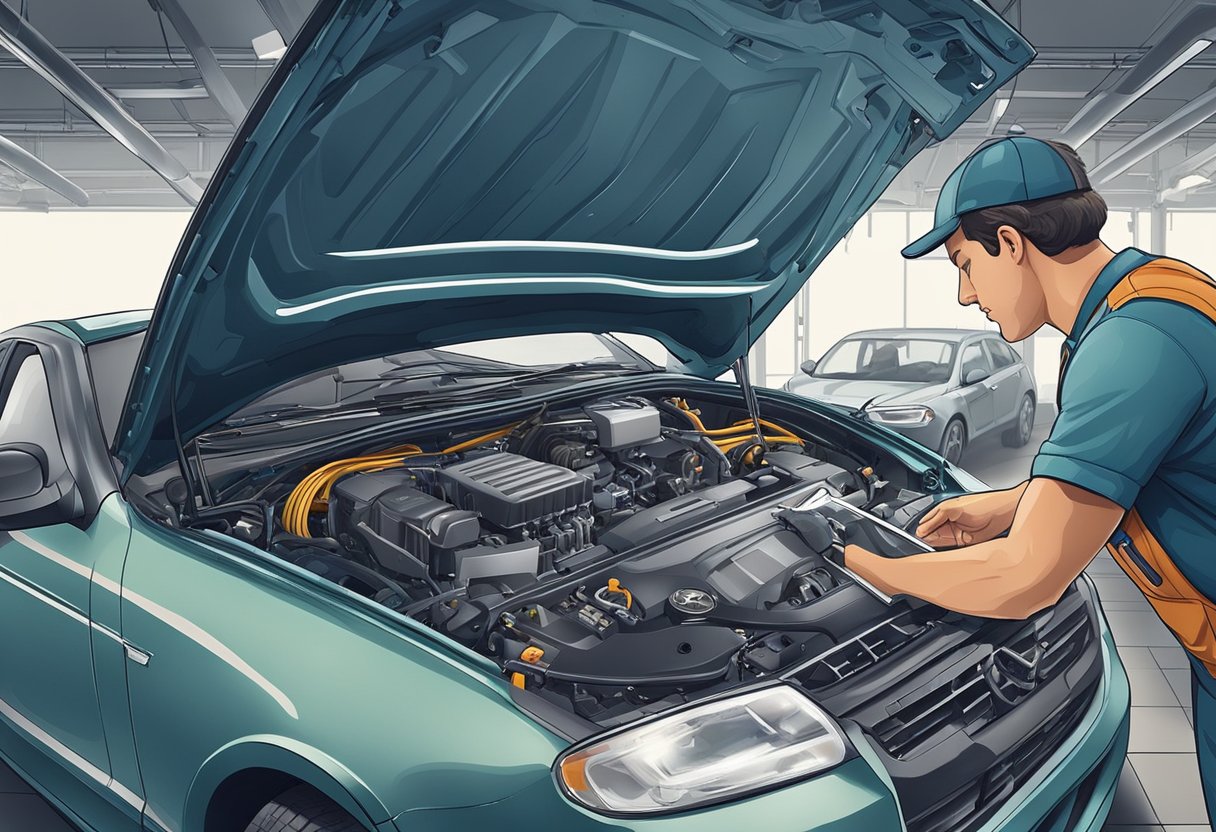 A mechanic examines a car's engine, checking the MAP sensor and scanning for trouble codes.

Tools and diagnostic equipment are spread out on a workbench