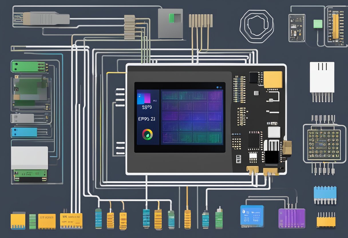 An ESP32 with a LCD touch screen, displaying data and interactive options