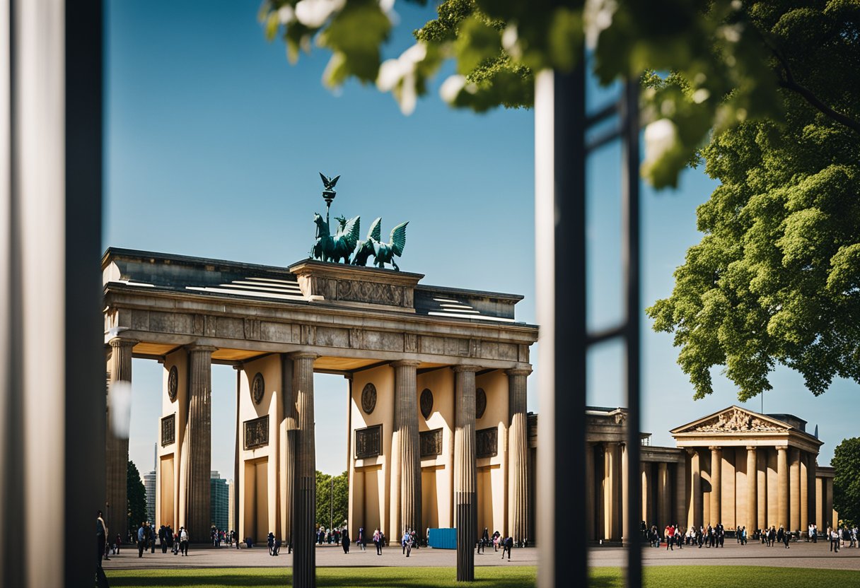 The Brandenburg Gate stands tall against a backdrop of modern buildings, symbolizing the rich history and vibrant culture of Berlin, Germany