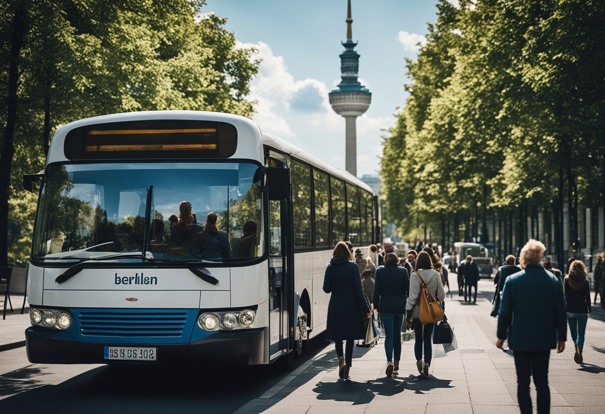 A group of tourists boards a bus in Berlin for a day tour, with the city skyline in the background