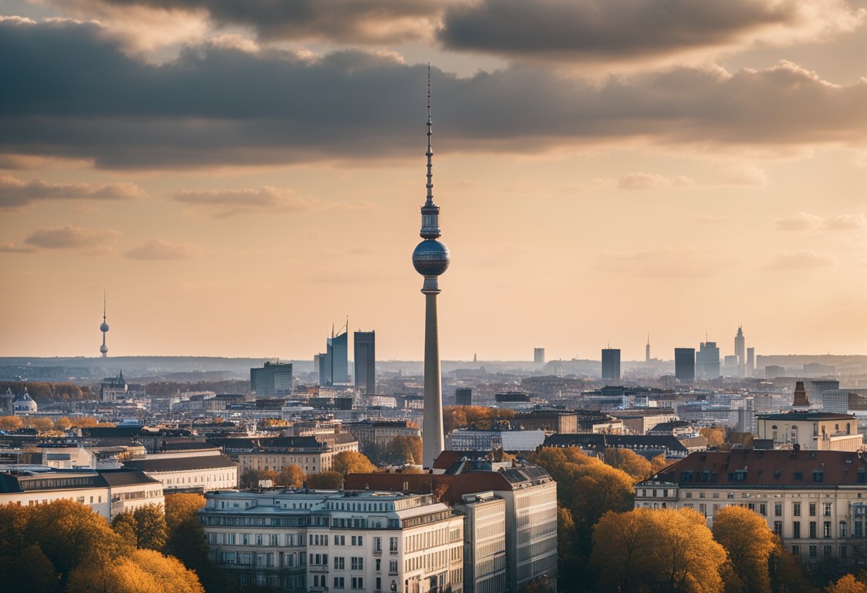 The Berlin TV Tower stands tall, dominating the city skyline, surrounded by historical buildings and bustling streets