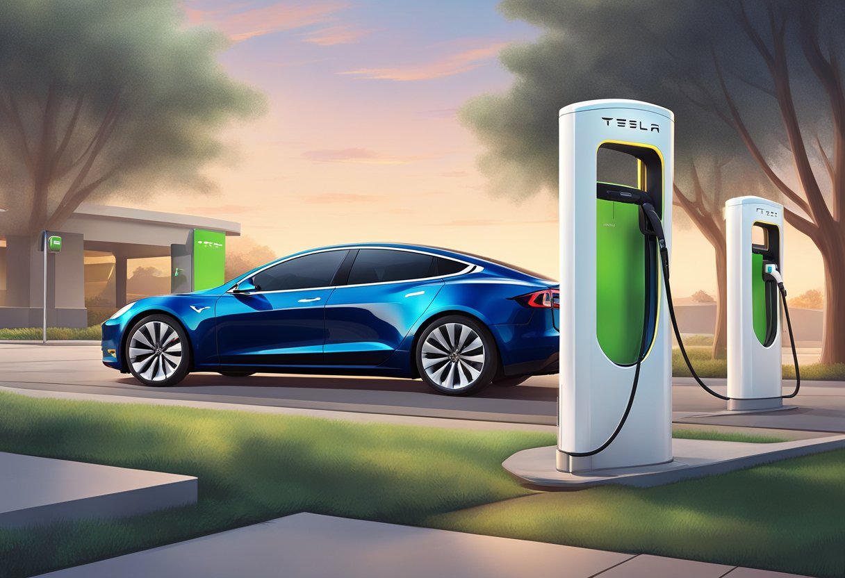 A Tesla car connects to an Electrify America charging station, displaying compatibility and simplicity in the process