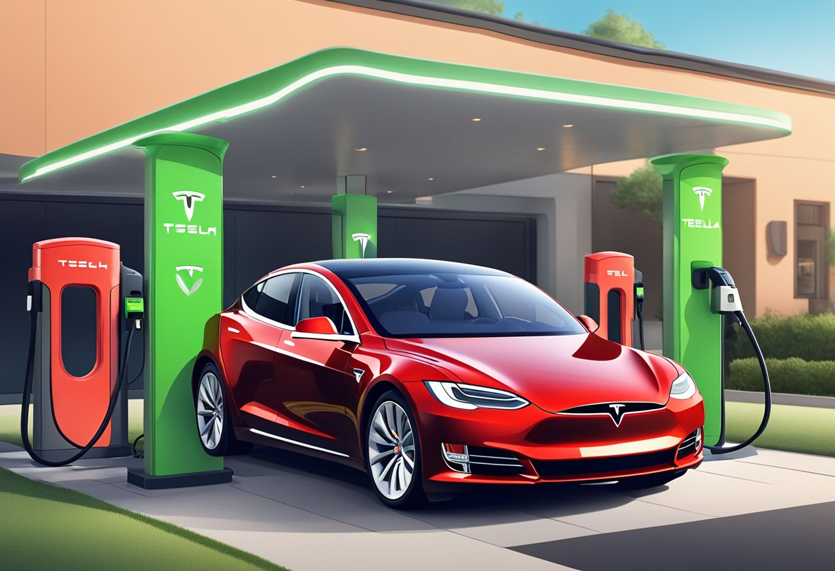 A Tesla car is parked at an Electrify America charging station.

The car is connected to the charging port, with the station's logo prominently displayed