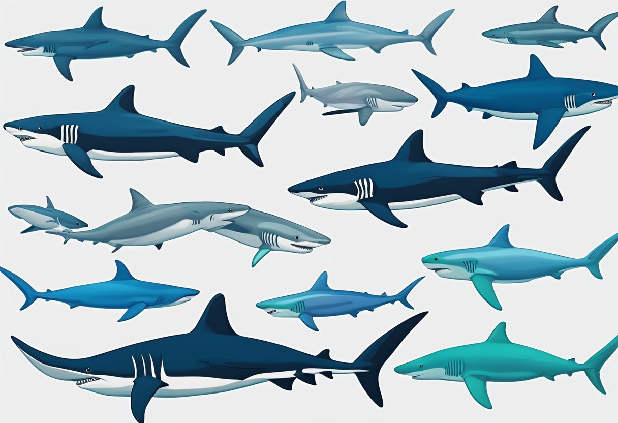 Various sharks swimming in a clear, blue ocean. Each shark displaying unique features and characteristics