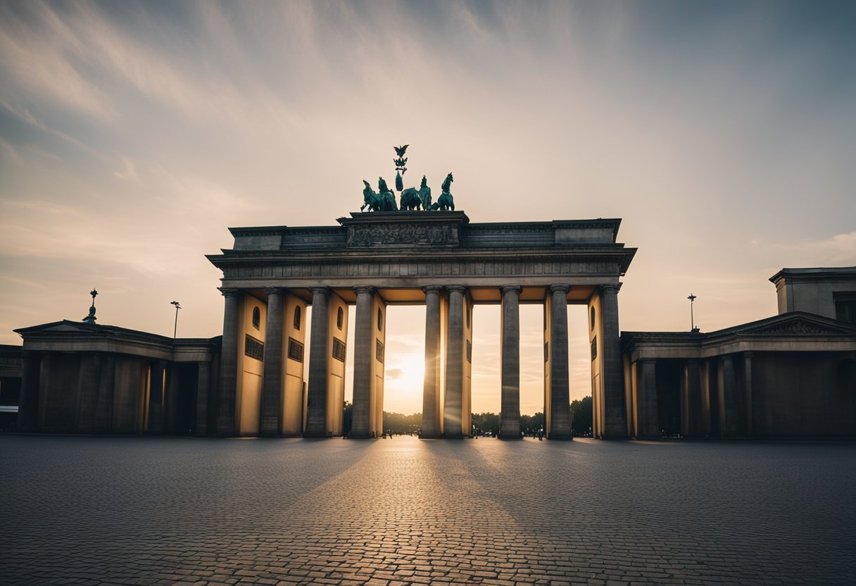 The Brandenburg Gate stands tall, symbolizing Berlin's historical significance. Nearby cities' landmarks, like Potsdam's Sanssouci Palace, add to the rich history
