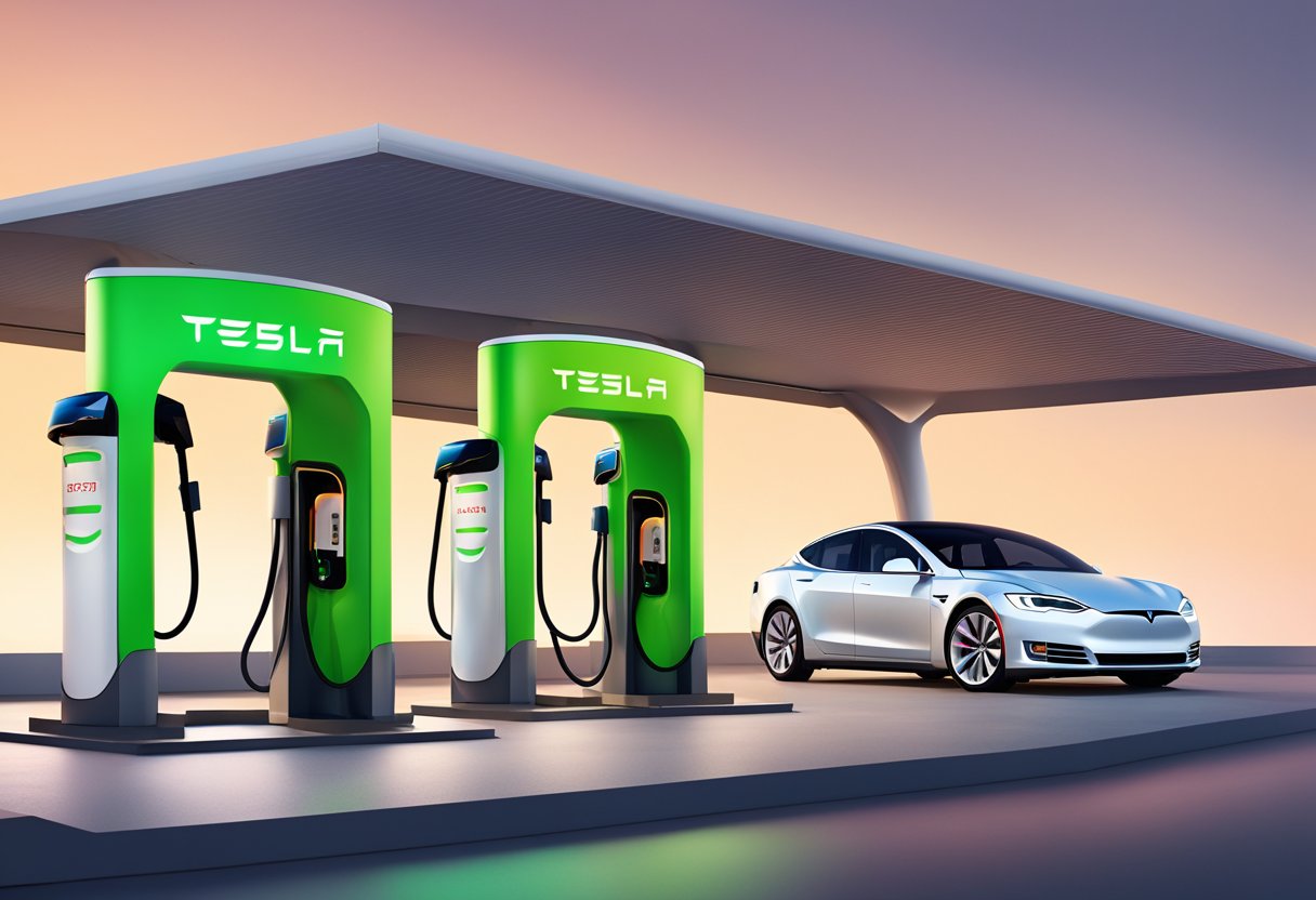 A Tesla Supercharger and an Electrify America station stand side by side, showcasing the differences in design and branding.

The Tesla station features a sleek, minimalist design, while the Electrify America station is larger and more colorful, with multiple charging