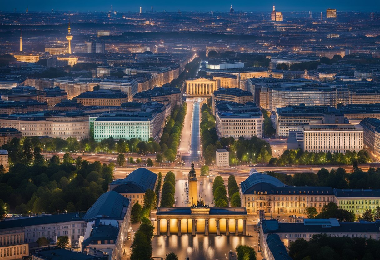 Colorful buildings line the streets of Berlin, with the iconic Brandenburg Gate and the striking TV Tower standing tall against the city skyline