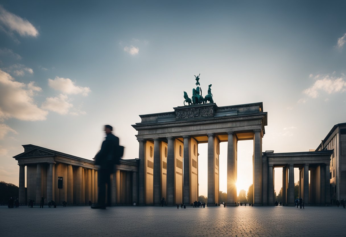 The Brandenburg Gate stands tall, flanked by the iconic Quadriga statue. Nearby, the Memorial to the Murdered Jews of Europe creates a hauntingly beautiful landscape