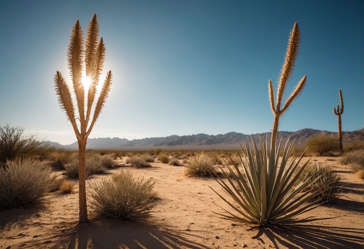 A sunny desert landscape with dry, sandy soil and sparse vegetation. A yucca plant stands tall, its long, sword-shaped leaves reaching towards the sky