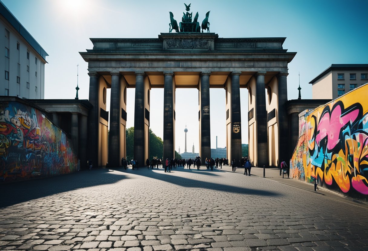 Das Brandenburger Tor erhebt sich vor dem Hintergrund der belebten Straßen der Stadt und der mit Graffiti bedeckten Wände in Berlin, Deutschland