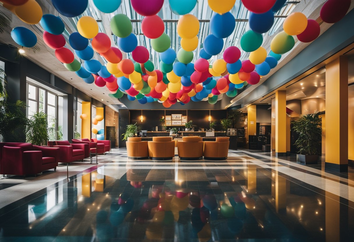 Eine farbenfrohe, lebendige Hotellobby in Berlin, Deutschland, mit Regenbogenflaggen und LGBTQ+-Symbolen, die den Raum schmücken
