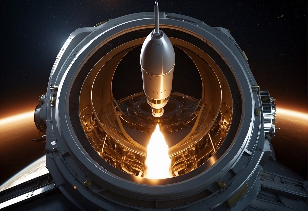 A rocket engine ignites in the vacuum of space, propelling a spacecraft forward with a powerful burst of energy. The evolution of rocket engines is depicted, from the use of liquid fuel to the development of hybrid propellants