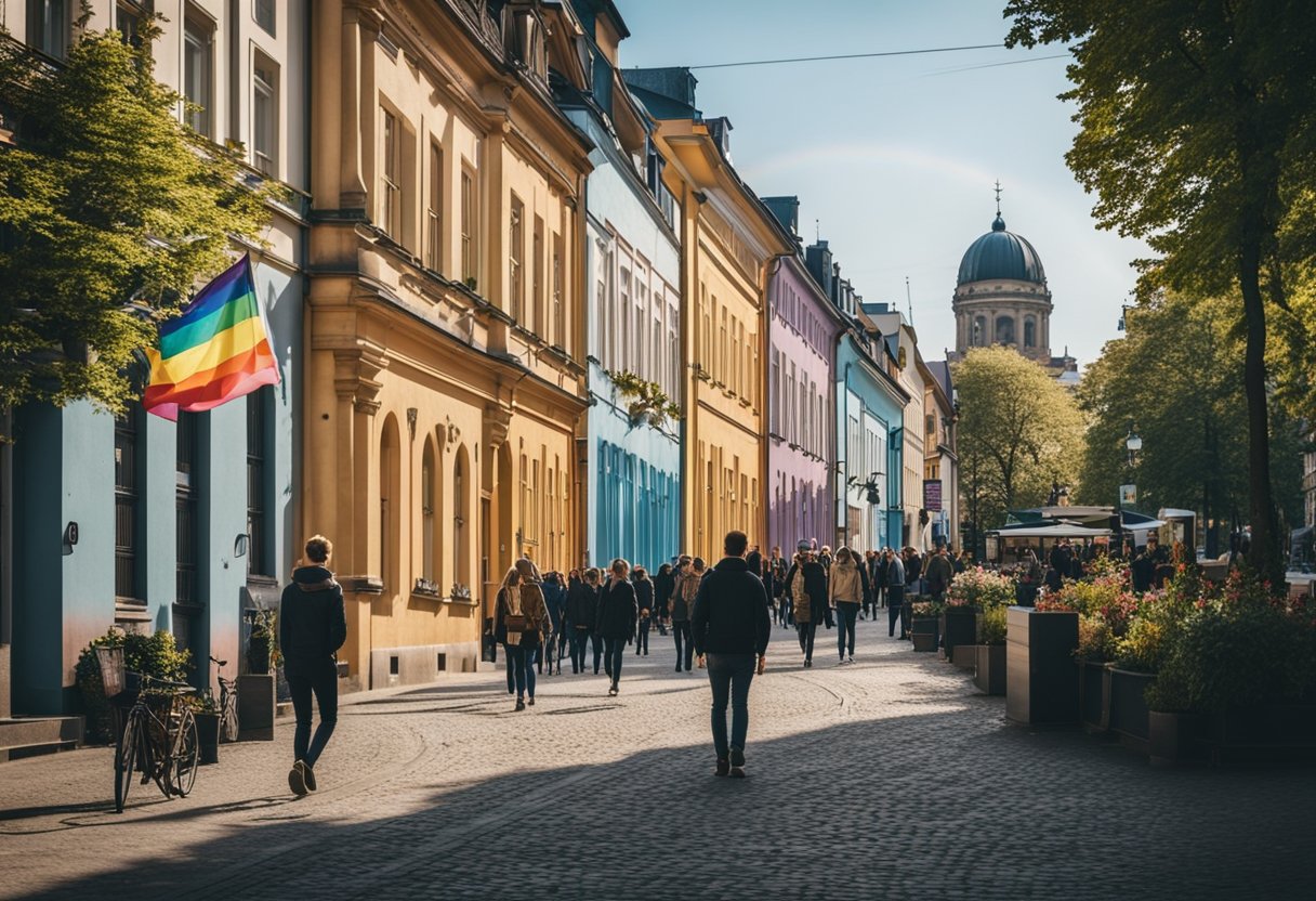 Colorful buildings line the streets of Berlin's gay neighborhoods, with rainbow flags and vibrant murals adorning the facades. Pedestrians stroll along the sidewalks, enjoying the lively atmosphere