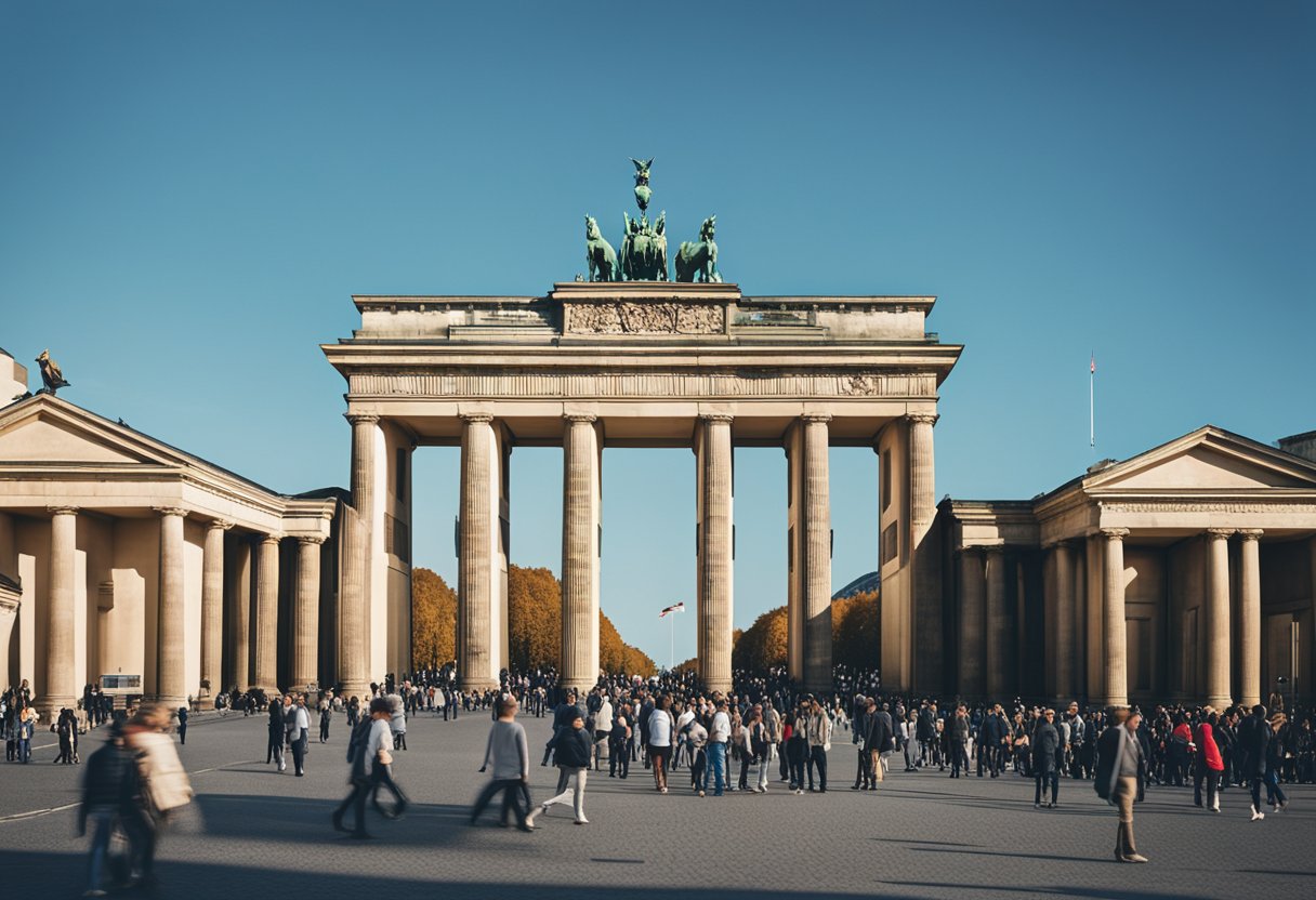 The Brandenburg Gate stands tall against a clear blue sky, surrounded by bustling streets and tourists in Berlin, Germany