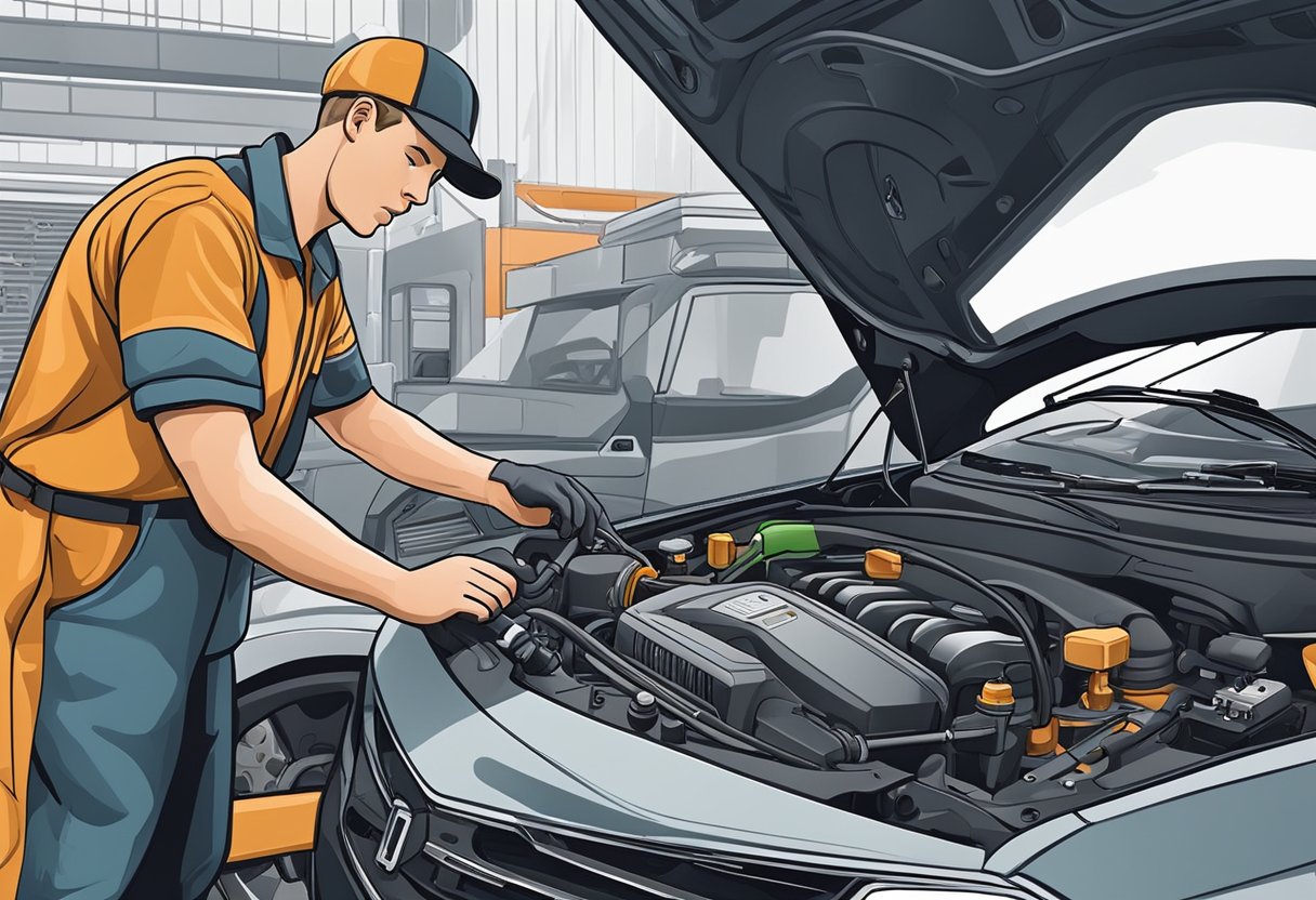A mechanic checks the engine, scanning for the P2099 error code.

Tools and diagnostic equipment surround the engine bay