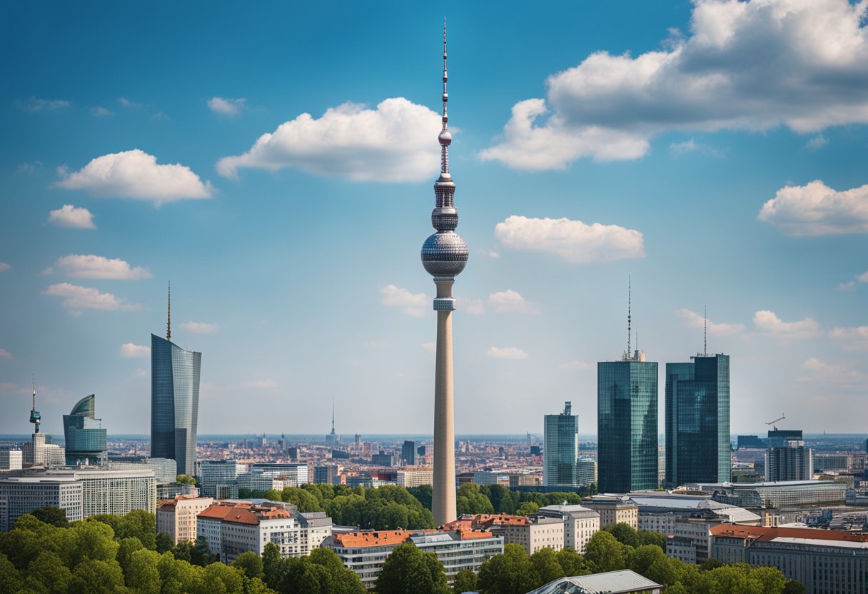 The Berlin TV Tower stands tall, dominating the city skyline, symbolizing cultural and social impact in Germany