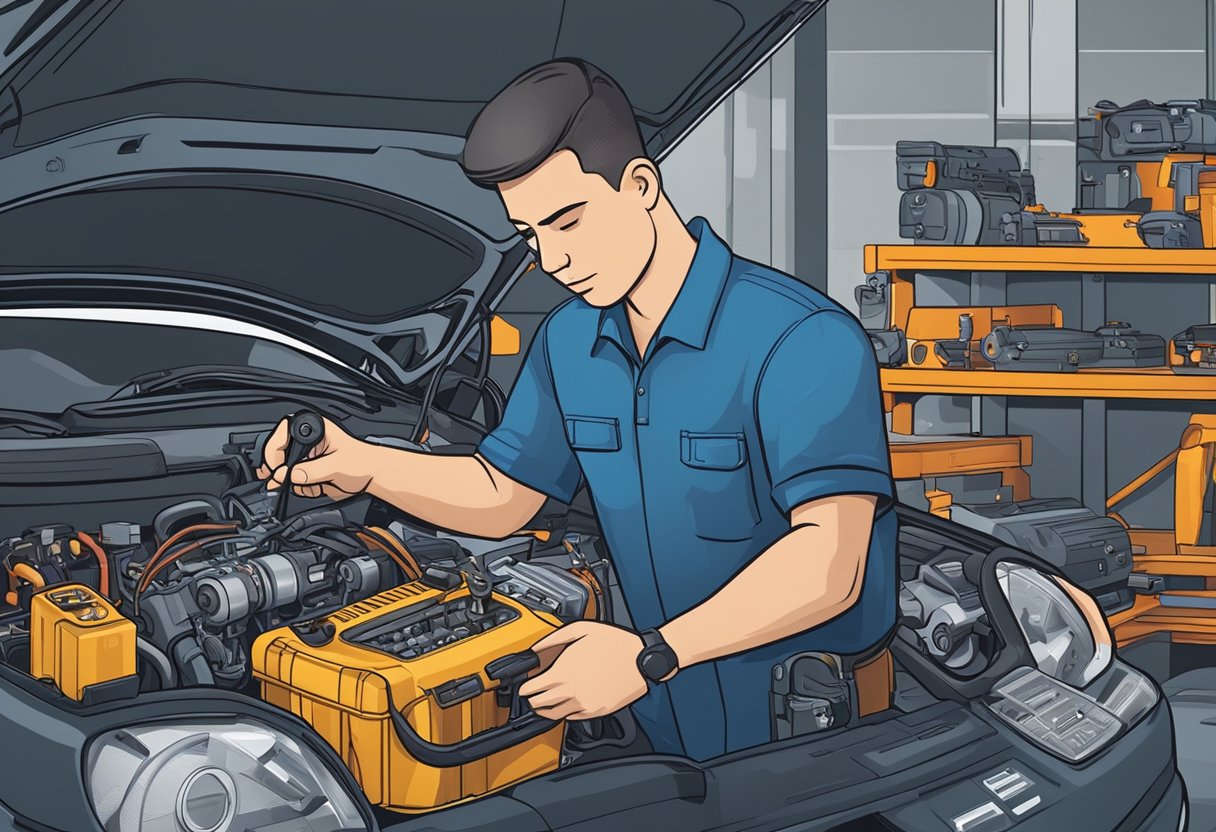 A mechanic examines a car engine with diagnostic tools, surrounded by various engine parts and tools.

The P2099 error code is displayed on the diagnostic tool