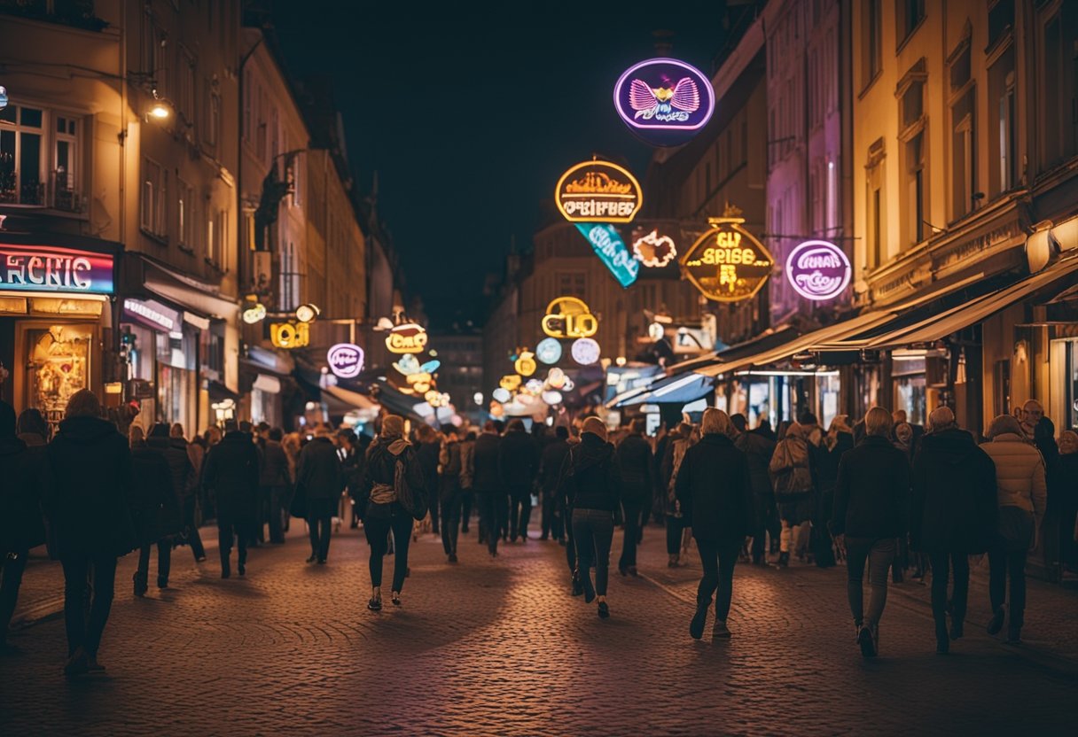 Colorful lights illuminate bustling streets, with neon signs and vibrant storefronts. Music fills the air as people gather at lively bars and clubs, creating a vibrant and energetic atmosphere in gay Berlin, Germany