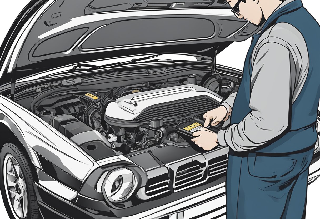 A mechanic examines a car engine with a diagnostic tool, displaying a P2099 error code.

A manual on preventative maintenance sits nearby