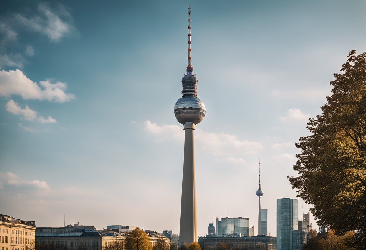 The Berlin TV Tower stands tall, dominating the city skyline. Its sleek, modern design reaches towards the sky, making it a prominent landmark