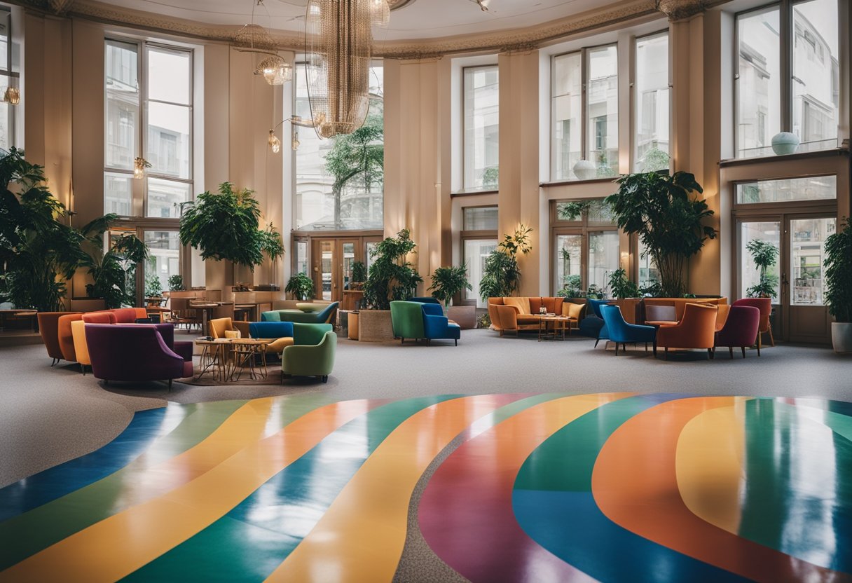 Eine lebendige und einladende Hotellobby in Berlin, mit Regenbogenflaggen und inklusivem Dekor