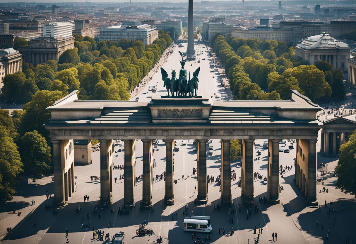 Berlin's iconic Brandenburg Gate stands tall against a backdrop of bustling city streets and historic architecture. Nearby, the Berlin Wall Memorial offers a poignant reminder of the city's tumultuous past