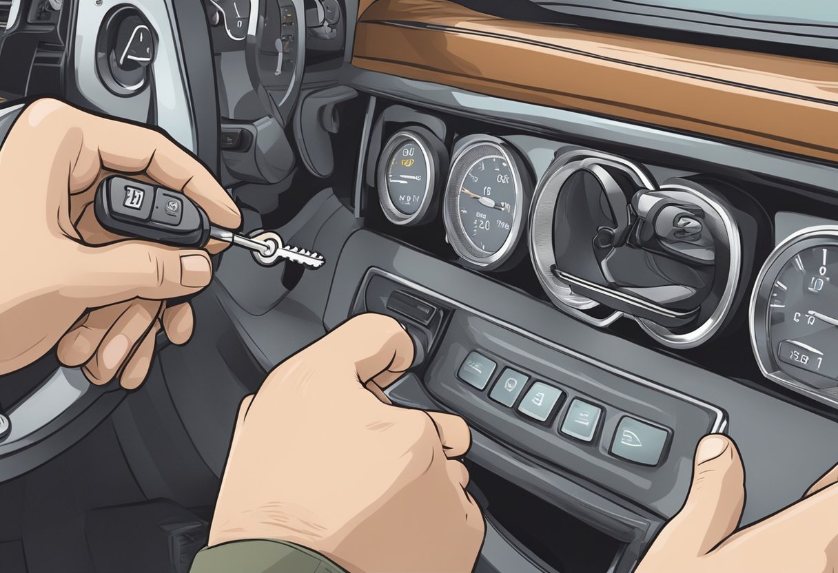 A hand inserts a key into a car's ignition.

The dashboard lights up as the key turns, revealing the P1682 code