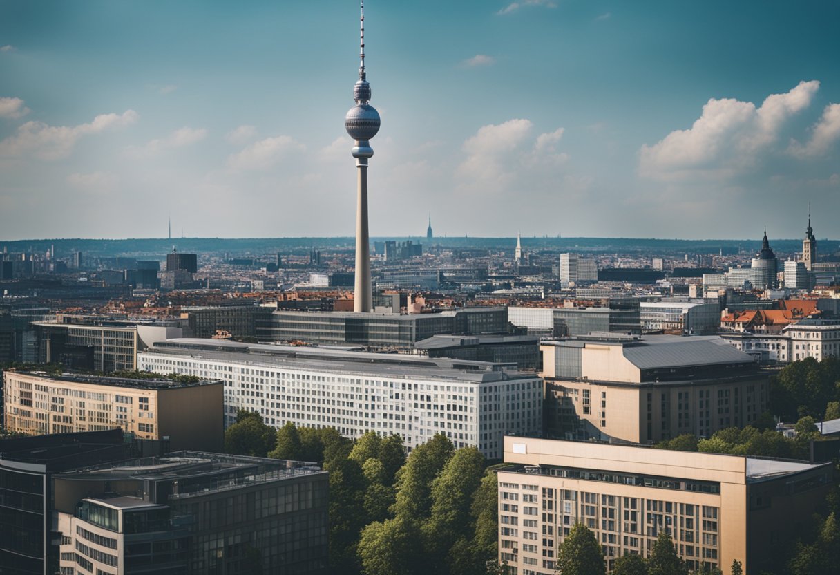 Der Berliner Fernsehturm ragt zwischen anderen Gebäuden in Deutschland empor