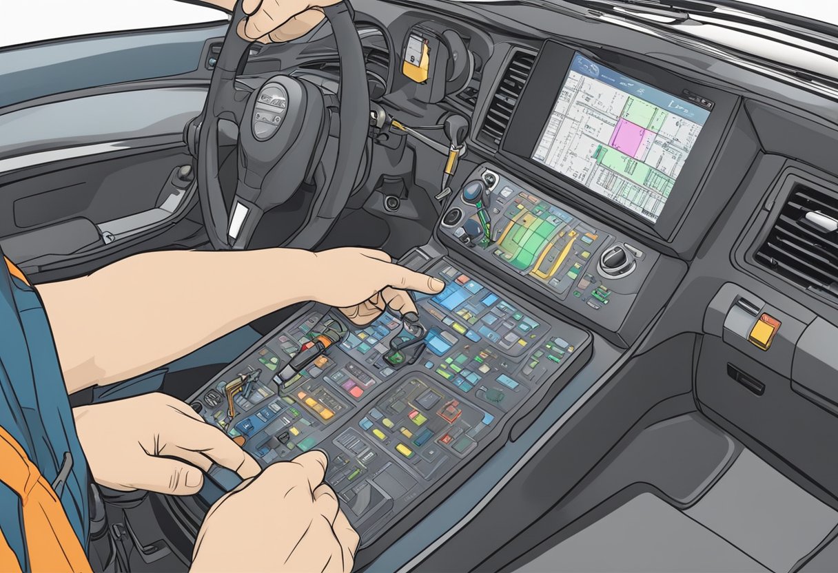 A mechanic's hand inserts a diagnostic tool into a car's dashboard, with various wires and circuits visible.

The tool displays the P1682 trouble code