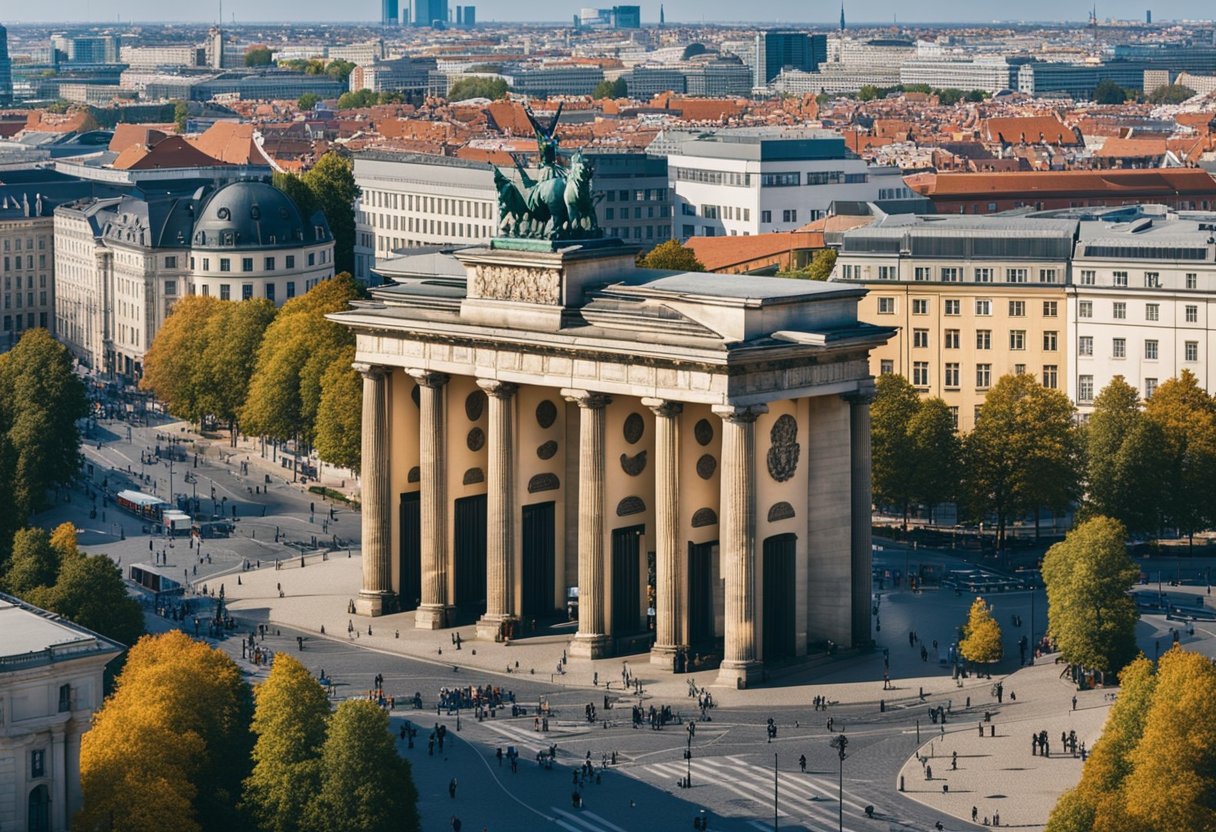 The Brandenburg Gate stands tall against a blue sky, surrounded by bustling streets and colorful buildings in the heart of Berlin, Germany