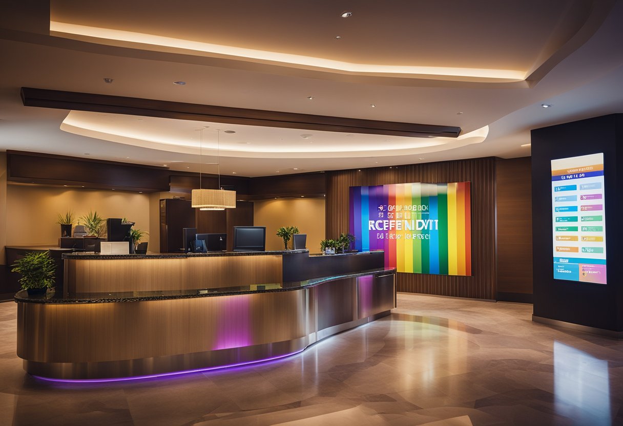 A colorful hotel lobby with a reception desk, displaying various pricing and offers on a digital screen. A rainbow flag hangs proudly in the background, signifying the hotel's LGBTQ+ friendly atmosphere