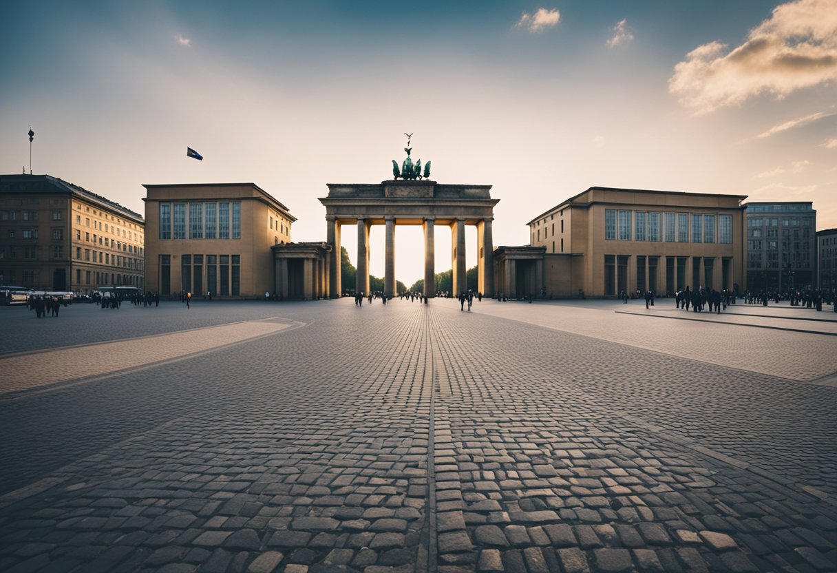 The Brandenburg Gate stands tall in the heart of Berlin, surrounded by bustling streets and historic buildings