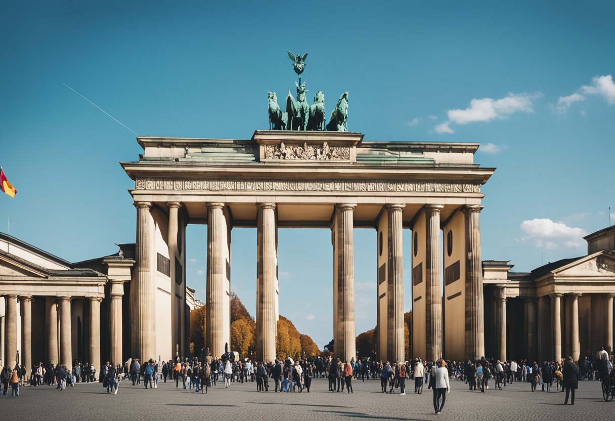 The Brandenburg Gate stands tall against a blue sky, surrounded by bustling tourists and historic buildings in the heart of Berlin