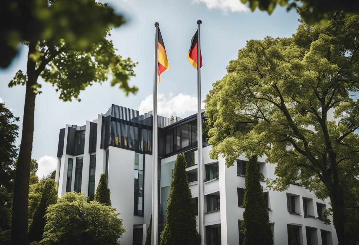 The German consulate stands tall, with the national flag waving proudly in the breeze. The building's architecture reflects strength and stability. Surrounding greenery adds a touch of natural beauty to the scene
