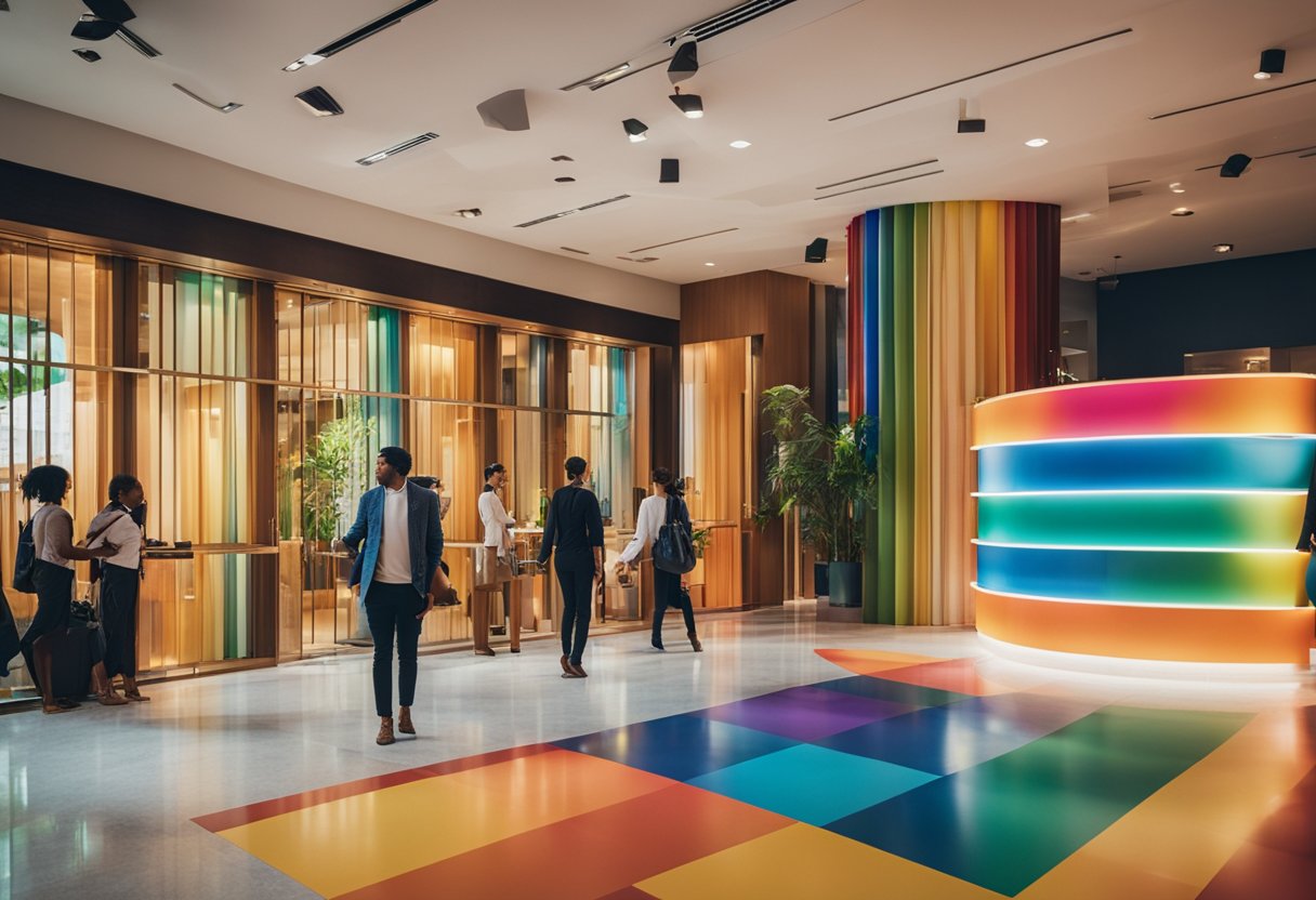 A colorful lobby with rainbow decor, a welcoming sign in multiple languages, and a diverse group of guests socializing in a vibrant atmosphere