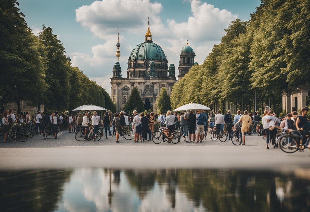 Menschen genießen Outdoor-Aktivitäten und Sightseeing in Berlin, Deutschland. Ikonische Wahrzeichen und pulsierendes Stadtleben