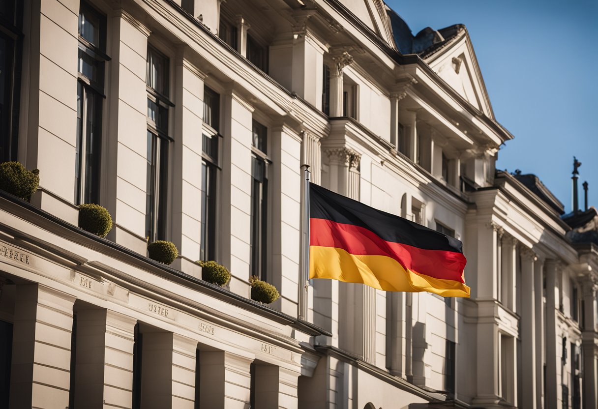 The German consulate stands tall in a bustling American city, with the German flag proudly waving in the wind. The building's architecture reflects the country's rich history and culture