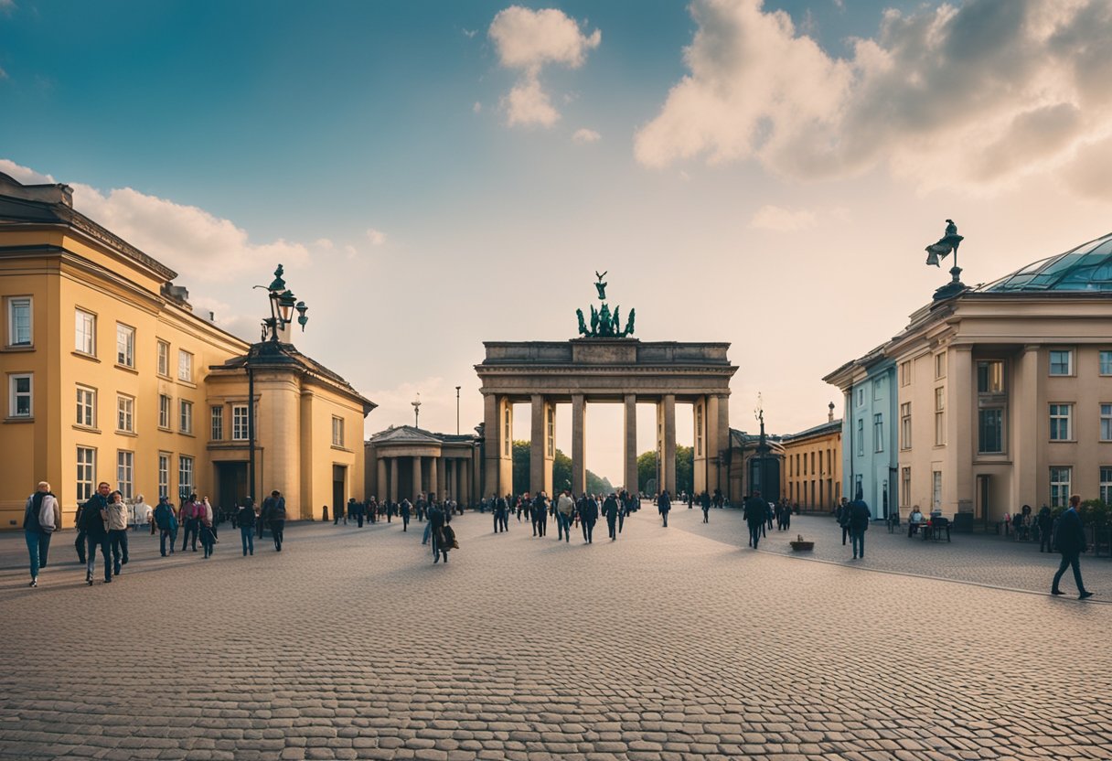 Colorful buildings line the cobblestone streets, with the iconic Brandenburg Gate in the background. Tourists wander between historic landmarks and modern art installations
