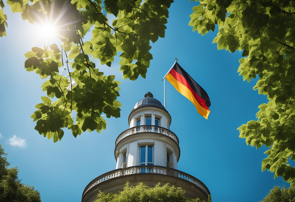 The German embassy stands tall with a flag waving in the wind, surrounded by lush greenery and a clear blue sky