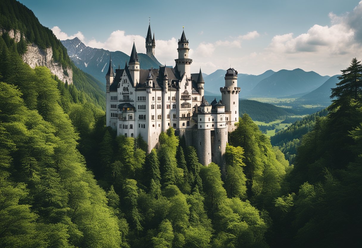 Grand castles and palaces stand proudly in Germany, surrounded by lush greenery and towering mountains