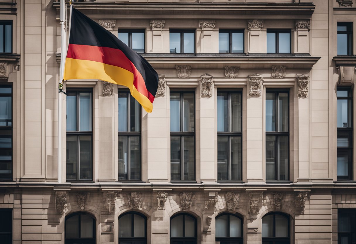 The German consulate stands tall in the city, surrounded by bustling streets and towering buildings. The flag proudly waves in the wind, marking its presence
