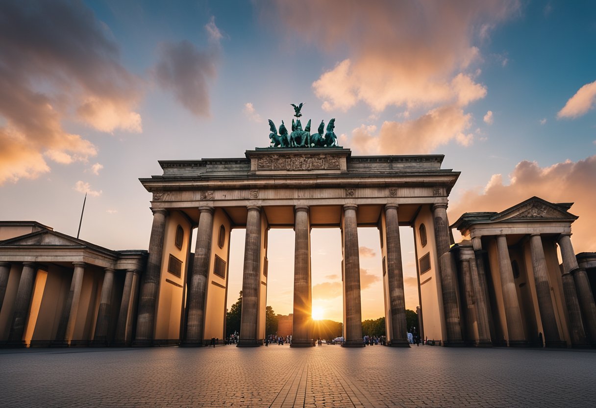 The Brandenburg Gate stands tall against a colorful sunset sky, while nearby, the Berlin Wall is adorned with vibrant street art