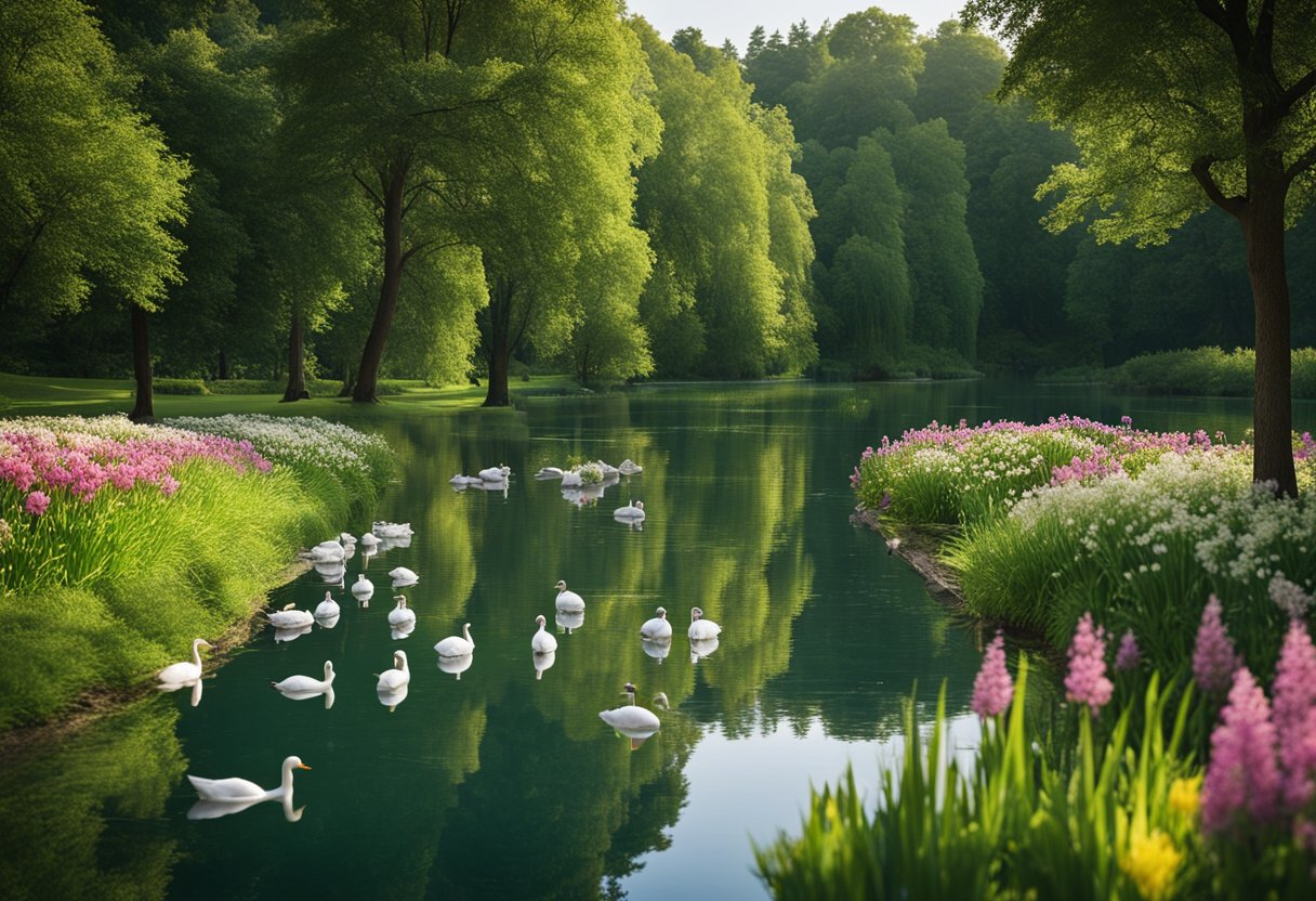 Lush green park with winding paths, colorful flowers, and towering trees. A serene lake reflects the clear blue sky, with ducks and swans gliding on the water