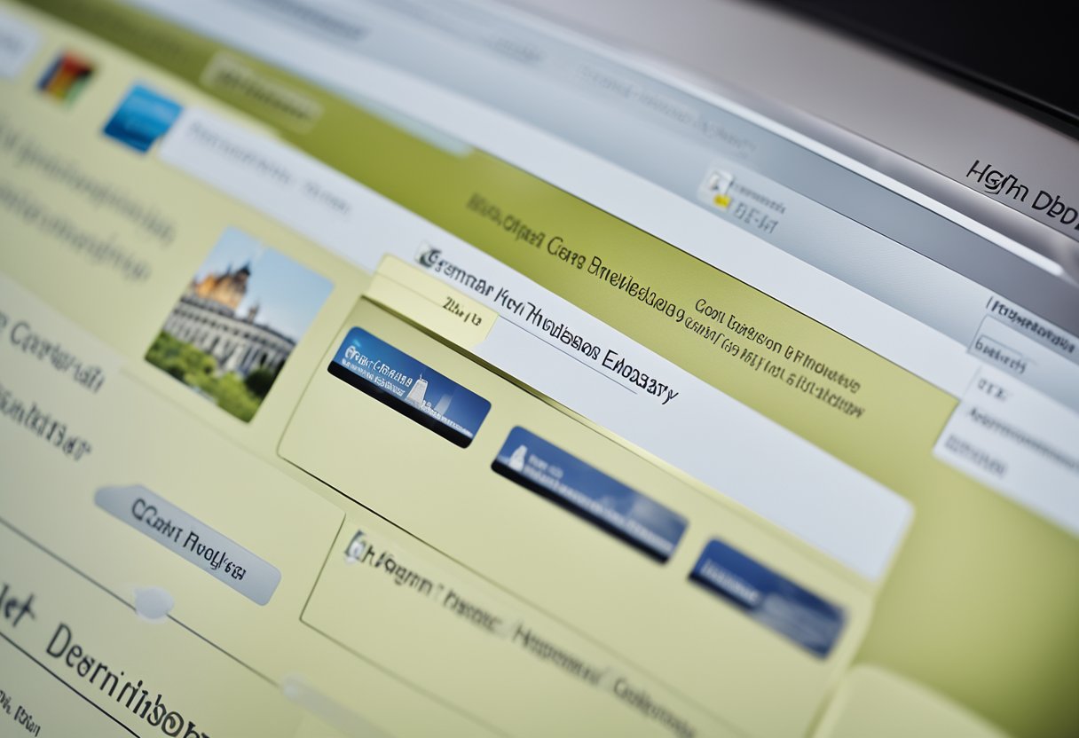 Die Website der deutschen Botschaft wird auf einem Computerbildschirm angezeigt, wobei die Kontaktinformationen sichtbar sind. Das Logo und die Farben der Website sind ebenfalls sichtbar