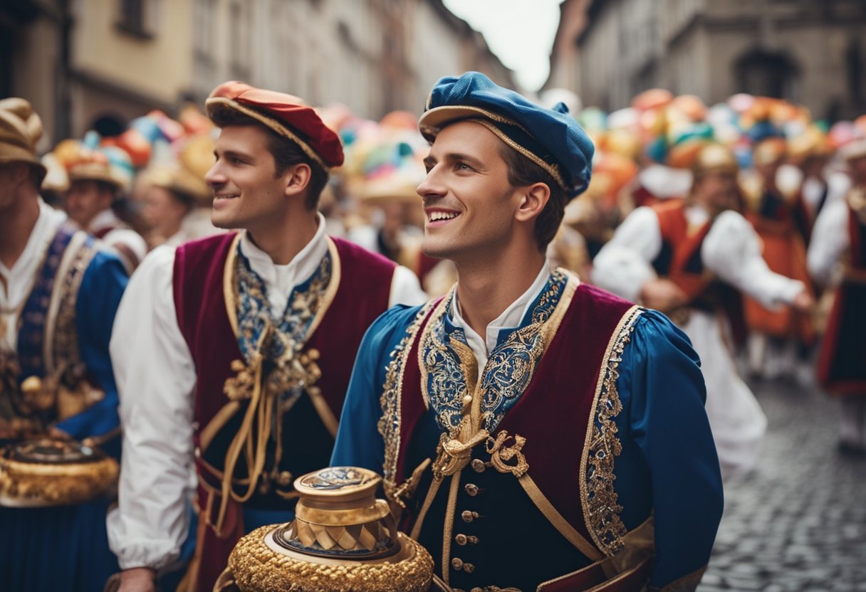 Colorful floats parade down the cobblestone streets, with traditional German music filling the air. Crowds gather to watch as performers showcase traditional dances and costumes, while the aroma of delicious German cuisine wafts through the streets