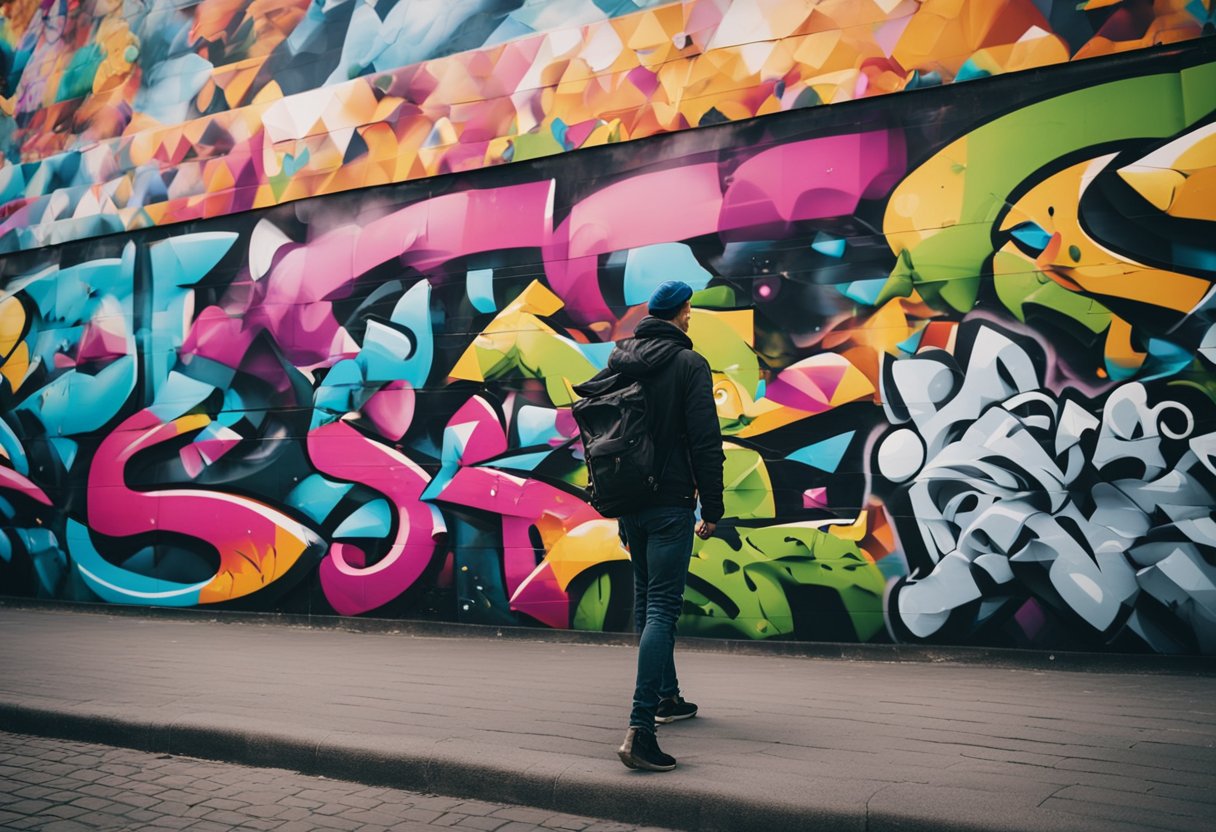 Vibrant graffiti covers the walls of Berlin's streets, with colorful murals and intricate designs. People gather around street performers and artists, soaking in the city's creative energy